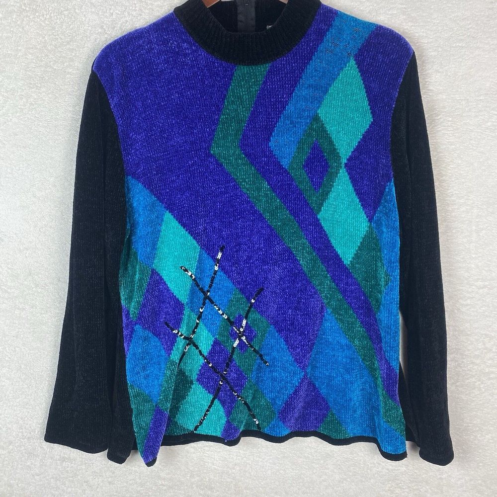 80s‎ Koret Women Sweater Size L Velour Purple/Black Argile Print Sequins FLAWED
